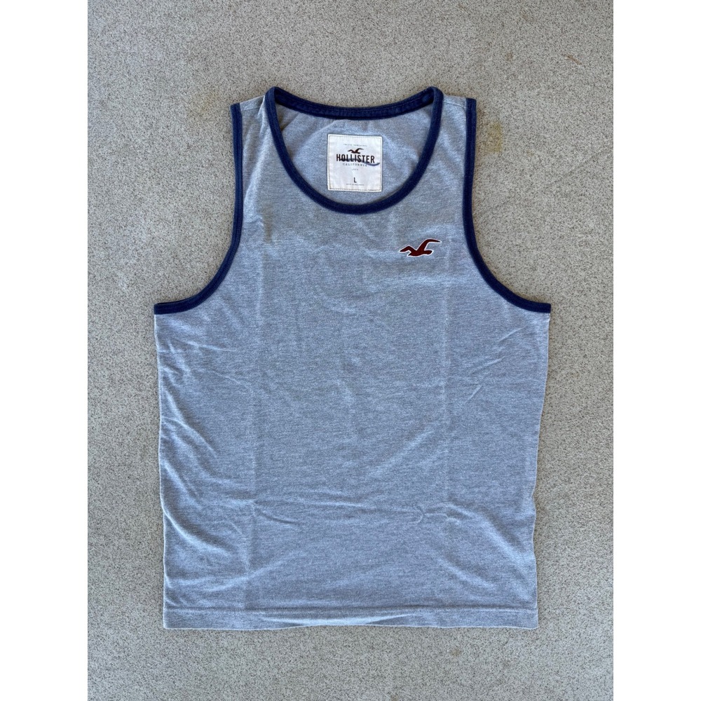 Hollister Ringer Mens Large Tank Top - Gray/Navy Blue Embroidered Logo